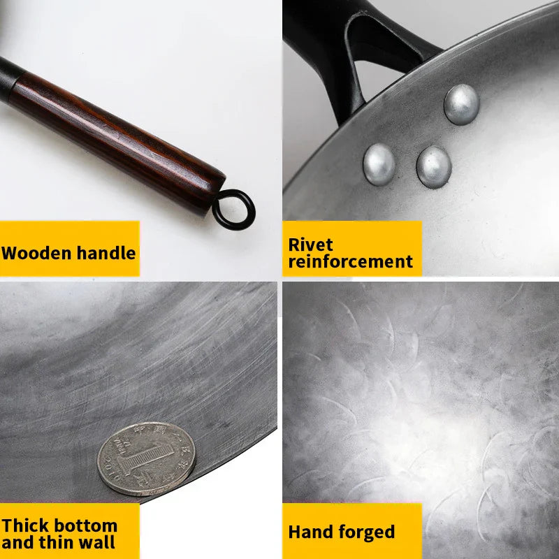 32cm Hand-Forged Iron Wok Pure Iron Non-Coated Stir Fry Pan Brown-4