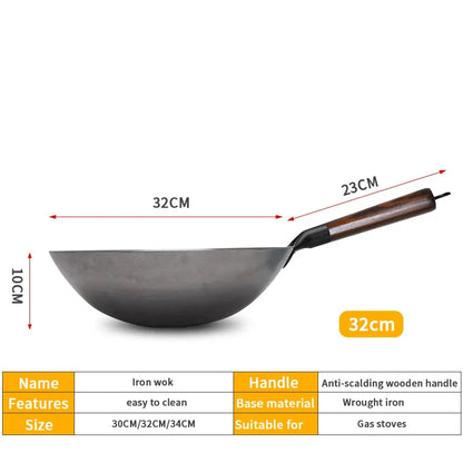 32cm Hand-Forged Iron Wok Pure Iron Non-Coated Stir Fry Pan Brown-1