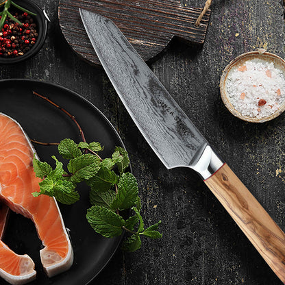 Ginza Steel MIA 17 Chef Knife 6.5” – Damascus AUS10 Steel, 67-Layer, Olive Wood Handle-3