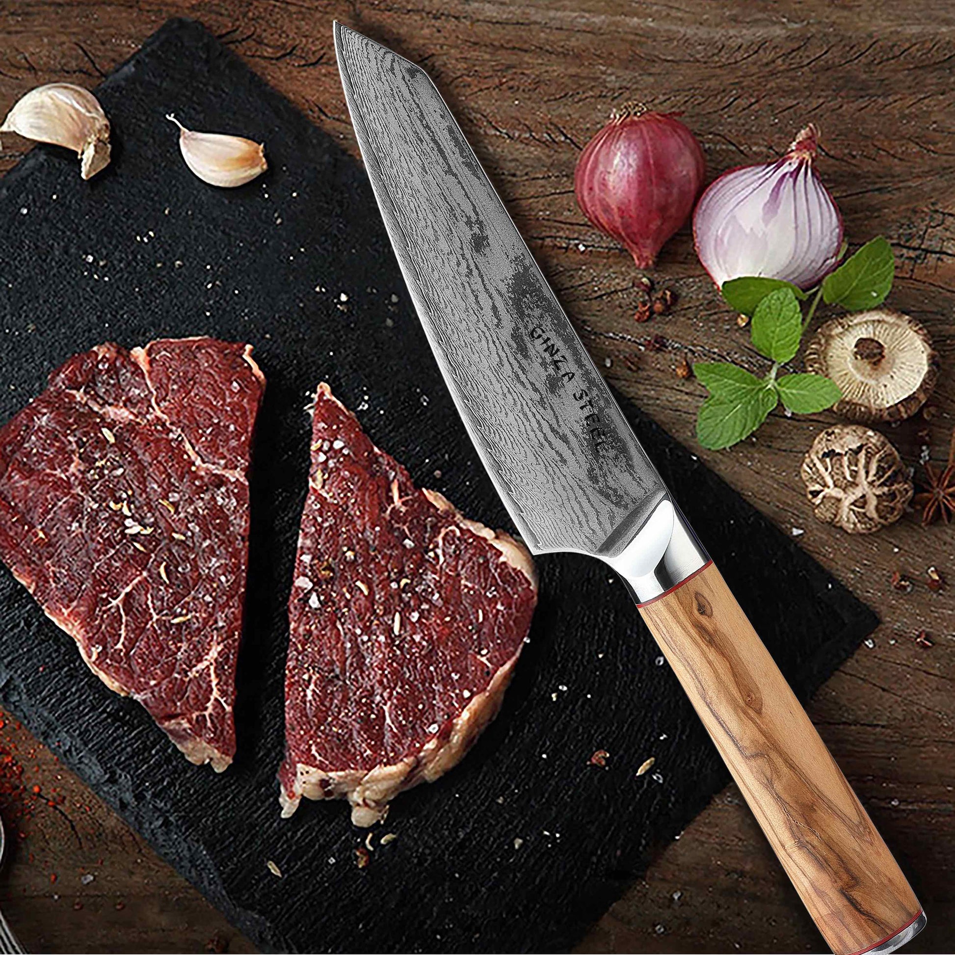 Ginza Steel MIA 17 Chef Knife 6.5” – Damascus AUS10 Steel, 67-Layer, Olive Wood Handle-4