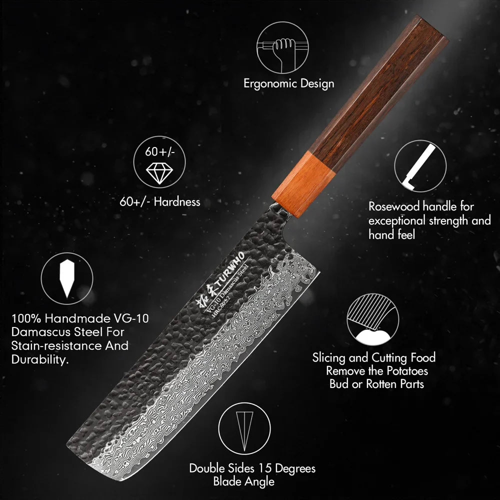 7-Inch Hand-Forged Japanese Nakiri Knife 67-Layer Damascus Steel Brown-4