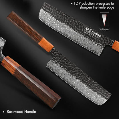 7-Inch Hand-Forged Japanese Nakiri Knife 67-Layer Damascus Steel Brown-3